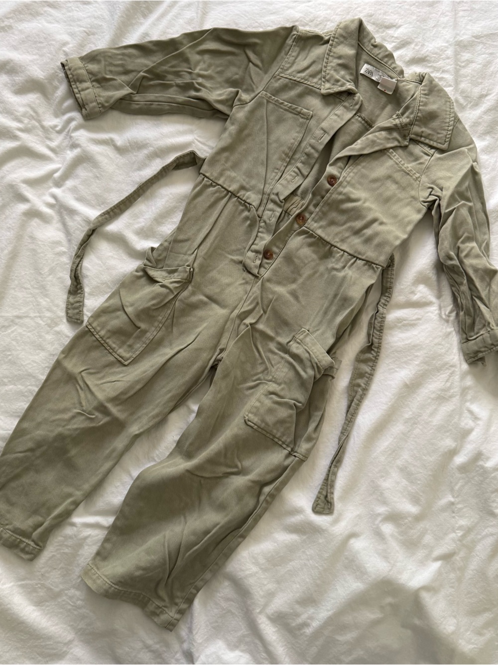 Zara Olive Utility Jumpsuit with Waist Tie - Size 6